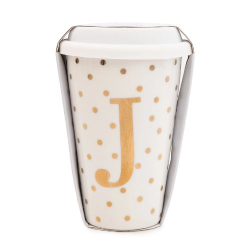 Initial White & Gold Travel Mug J Gold 15cm Mugs Candlelight   