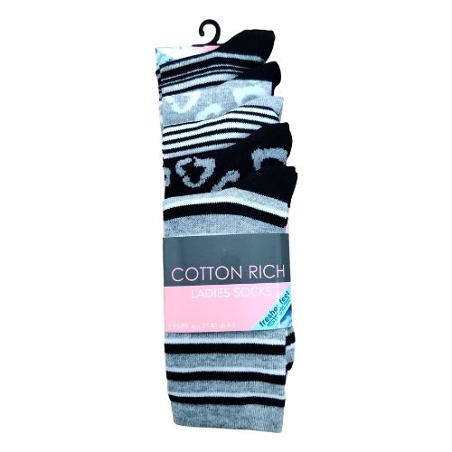 Ladies Cotton Rich Stripe & Animal Print Socks 5 Pairs Socks FabFinds   