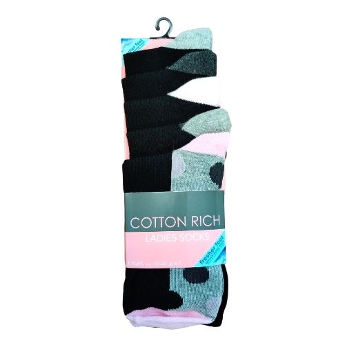 Ladies Cotton Rich Pink, Black and Grey Socks 5 Pairs Socks FabFinds   