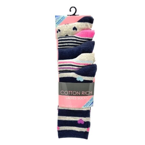 Ladies Cotton Rich Heart and Stripe Socks 5 Pairs Socks FabFinds   