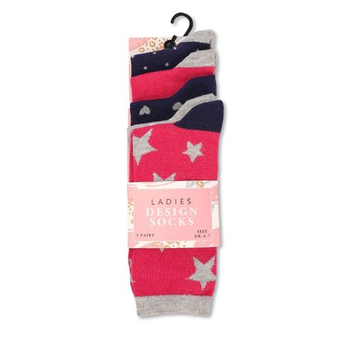 Ladies Design Socks Assorted Styles UK 4-7 5 PK Socks FabFinds Pink & Navy Stars  
