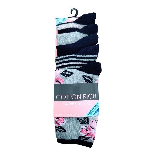 Ladies Cotton Rich Stripe & Floral Print Socks 5 Pairs Socks FabFinds   