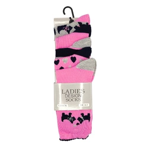 Ladies Design Socks Dog, Stripe and Hearts 5 Pairs Socks FabFinds   