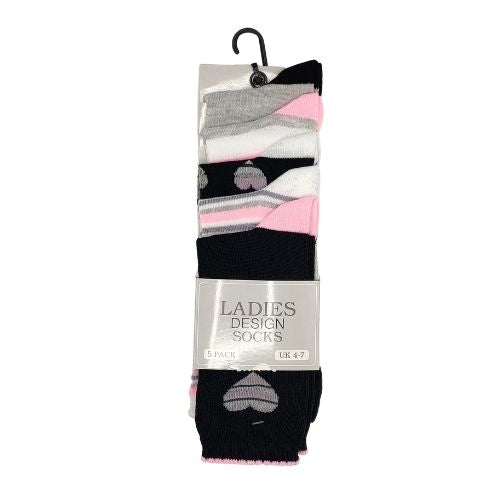 Ladies Design Socks Black & Pink Hearts and Stripes 5 Pairs Socks FabFinds   