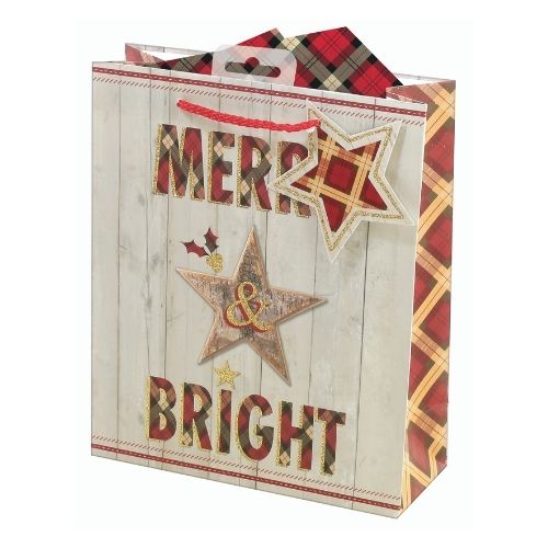 Medium 'Merry and Bright' Tartan Christmas Gift Bag Christmas Gift Bags & Boxes Gift Works   