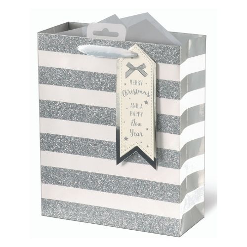 Medium White and Silver Striped Glitter Christmas Gift Bag Christmas Gift Bags & Boxes Gift Works   