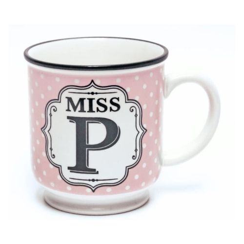 Miss P Pink and White Spot Alphabet Mug Mugs FabFinds   