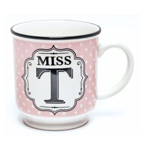 Miss T Pink and White Spot Alphabet Mug Mugs FabFinds   