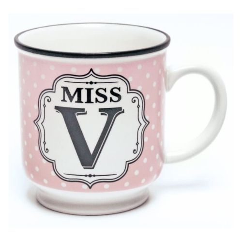 Miss V Pink and White Spot Alphabet Mug Mugs FabFinds   