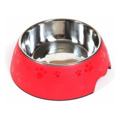 Hounds Melamine Paw Print Stainless Steel Dog Bowl Assorted Sizes & Colours Dog Accessories Hounds Red Single 22cm  