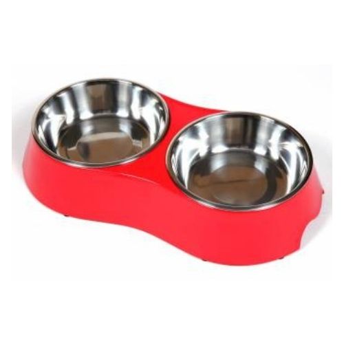 Hounds Melamine Paw Print Stainless Steel Dog Bowl Assorted Sizes & Colours Dog Accessories Hounds Red Twin Large 32cm  
