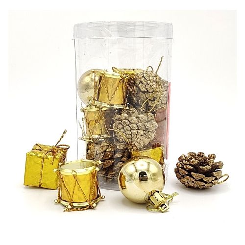 Presents, Baubles, Drums & Cones Christmas Decorations 16 Pack Christmas Baubles, Ornaments & Tinsel FabFinds Gold  