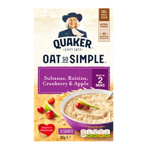 Quaker Sultanas, Raisins, Cranberry & Apple Oats 10 Sachets 385g Oats, Grits & Hot Cereal Quaker   