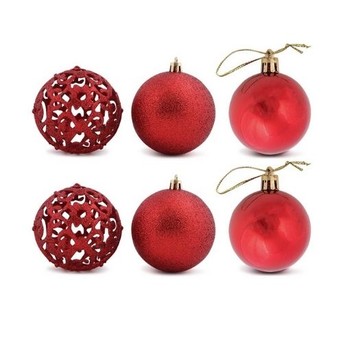Christmas Glitter Baubles 8cm Assorted Designs 6 Pk Christmas Baubles, Ornaments & Tinsel FabFinds Red  