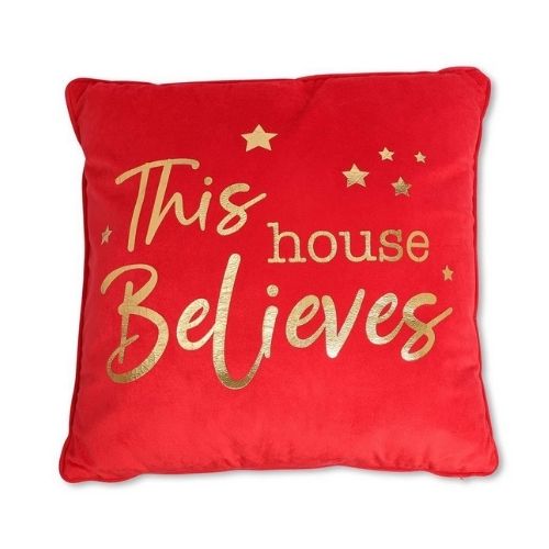 Red 'This House Believes' Foil Print Christmas Cushion 43x 43cm Christmas Cushions & Throws FabFinds   