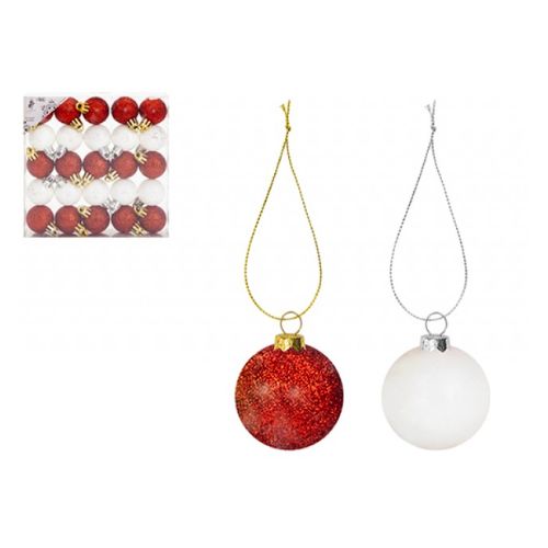 Red and White Mini Glitter Baubles 25 Pack Christmas Baubles, Ornaments & Tinsel Snow White   