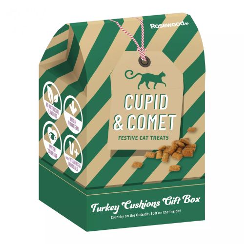 Rosewood Cupid & Comet Turkey Cat Cushion Treats Gift Box 180g Cat Food & Treats Rosewood   