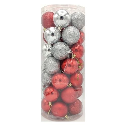 Silver and Red Shatterproof Baubles 35 Pack 55mm Christmas Baubles, Ornaments & Tinsel FabFinds   
