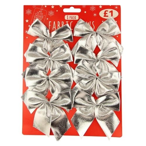Festive Fabric Bows 8 Pack Assorted Colours Christmas Tags & Bows FabFinds Silver  