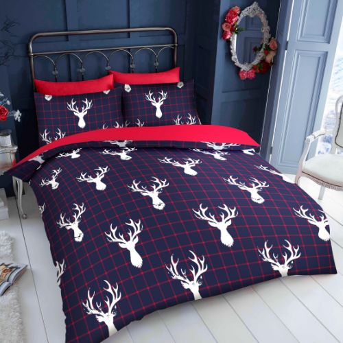 Coloroll Bedding Coloroll Navy & Red Stag Christmas Duvet Set Assorted Sizes - FabFinds