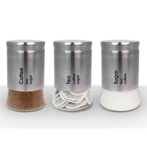 Glass Tea Coffee & Sugar Kitchen Canisters - Set of 3 Kitchen Storage Moretti Brushed Steel  