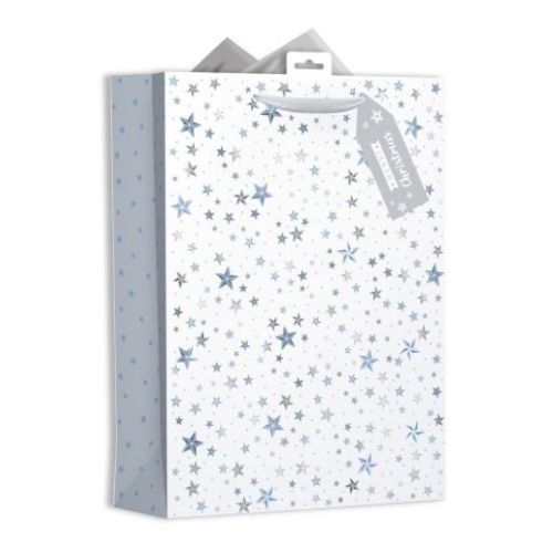 Extra Large White, Blue and Silver Star Print Christmas Gift Bag Christmas Gift Bags & Boxes FabFinds   