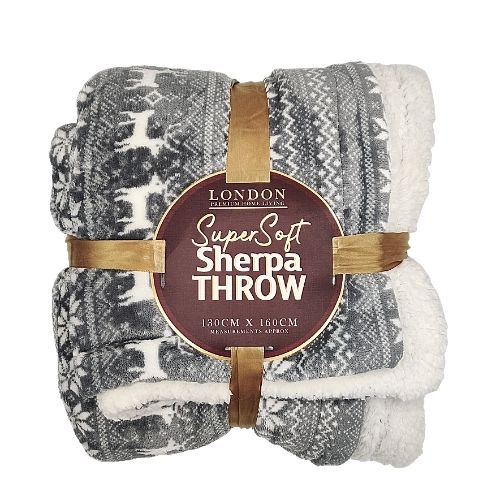 Super Soft Sherpa Reindeer Throw 130cm x 160cm Christmas Cushions & Throws FabFinds Grey  