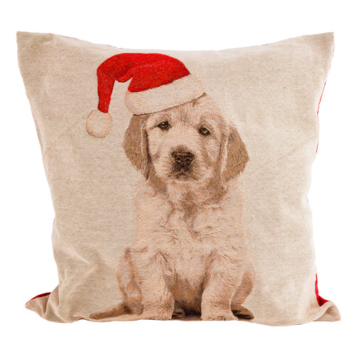 Puppy In Santa Hat Christmas Cushion 45cm x 45cm Christmas Cushions & Throws FabFinds   